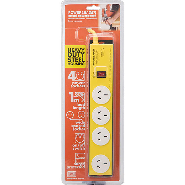 4 Way Powertough Heavy Duty Metal Surge Protected Powerboard Power Board Powerleader - BNR Industrial Automation