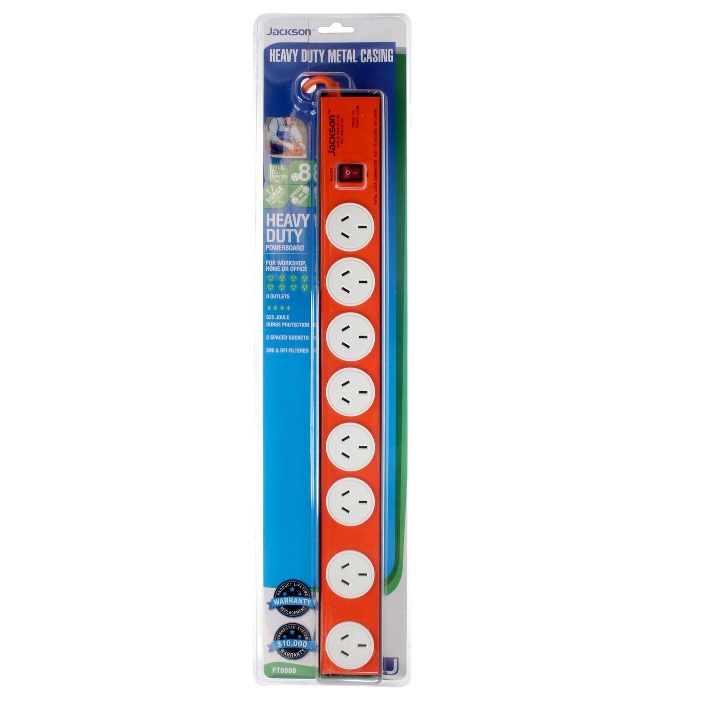 Jackson 8 Outlet Heavy Duty Metal Surge Protected Powerboard - PT8888 Power Board Jackson - BNR Industrial Automation
