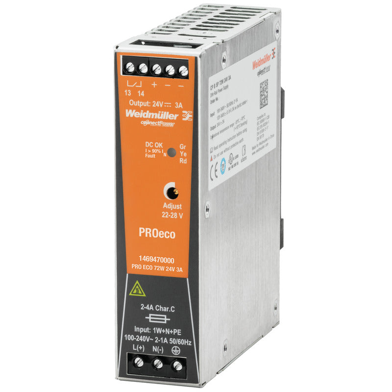 Weidmuller PRO ECO 72W 24V 3A Din Rail Mount PSU - 1469470000 Power Supplies Weidmuller - BNR Industrial Automation