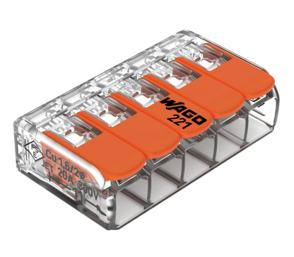 WAGO 221 Series Classic Splicing Connector Terminal Block with Operating Levers 0.14 - 4mm² and 0.14 - 6mm² Cable Accessories WAGO 5-Way (25 Pack) 0.14 to 4 mm² - BNR Industrial Automation