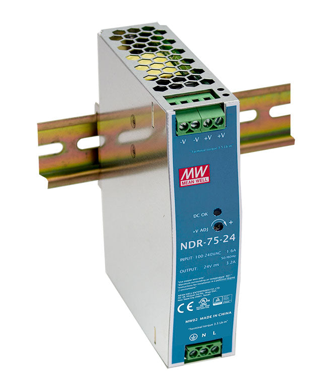 MEAN WELL NDR-75 Slim, Low Cost 75W Din Rail PSU Mean Well - BNR Industrial Automation